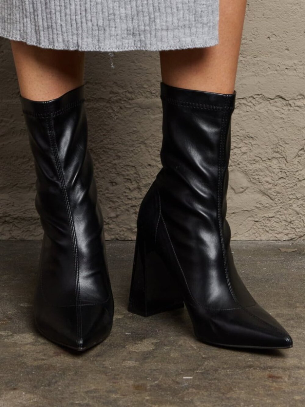 Black Pointed Toe Sock Boots | 4” Shiny Block Heel Booties